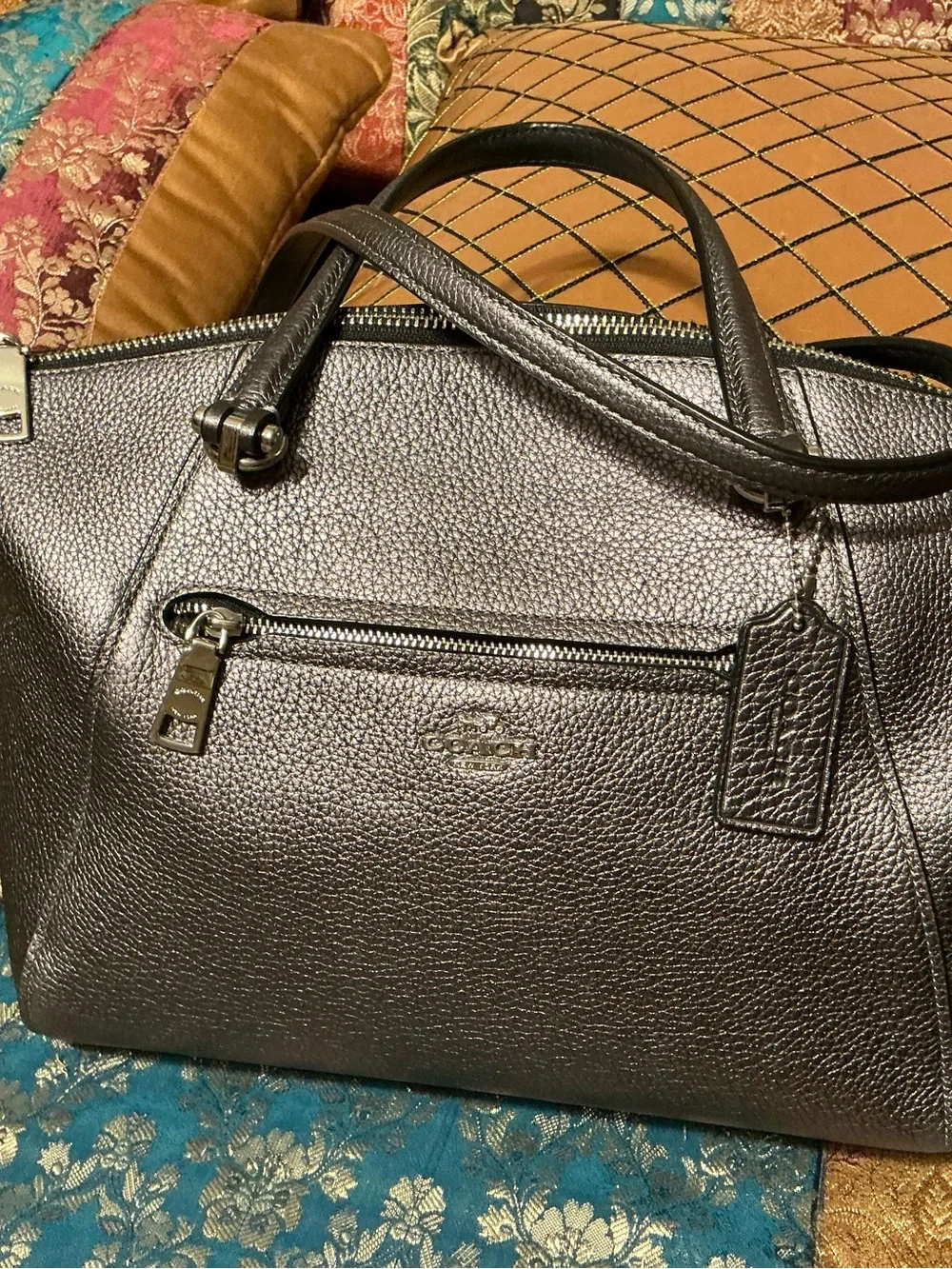 Coach Prairie Satchel Metallic Platinum Pebble Leather Crossbody Handbag